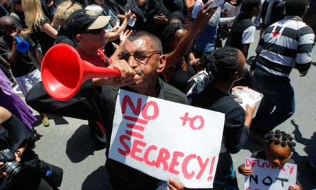 Protests against the protection of state information bill outside parliament in Cape Town