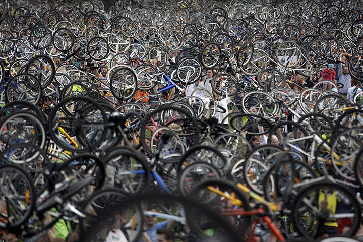 20 Photos: Hungarian cyclists raise their bikes during a protest in Budapest