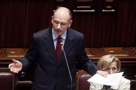 Italy's designaded Prime Minister Enrico Letta gives his first speech during before the confidence vote at Deputy chamber.