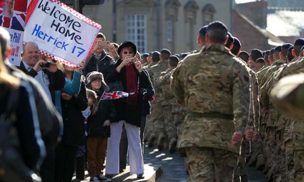 Crowds line the streets as troops from 21 Engineer Regiment return from Afghanistan to Ripon, North Yorkshire, England.