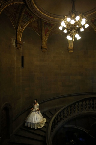 A model in costume at the preview of the Fairy Tale and Legends show by fashion students graduating this year from the Edinburgh College of Art. The event took place at the University of Edinburgh's McEwan Hall. The fashion show, one of Scotland's largest fashion events, will take place at the University later this month. Photograph: David Cheskin/PA