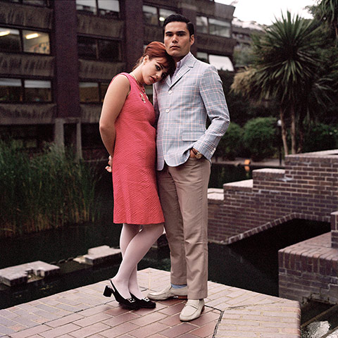 big pic - mods : man and woman dressed in mod clothing in front of barbican