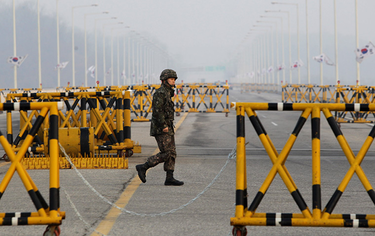 Korea tensions:  A South Korean soldier stands at the check point in Paju