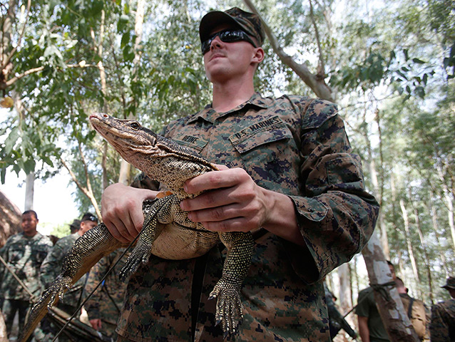 24 hours: Capas, Philippines: A US Marine carries a monitor lizard