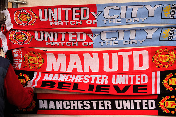 United v City: Scarves for sale at the Man Utd versus Man City game