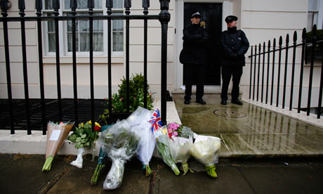 Flowers left outside the former home of Margaret Thatcher in Belgravia