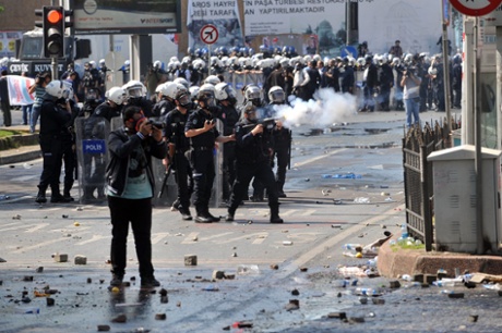 Riot police fire tear gas during clashes at a May Day demonstration on May 1, 2013, in Istanbul.