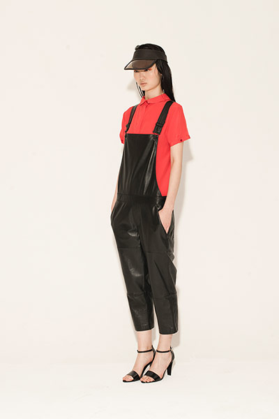 All Ages : leather jumpsuit black bib fronted