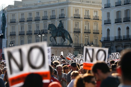 Demonstrators gather in the Puerta del Sol on the second anniversary of the 15M movement in central Madrid May 12, 2013.