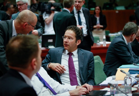 Eurogroup President and Dutch Finance Minister Jeroen Dijsselbloem (C) at the start of a finance ministers meeting at the EU headquarters in Brussels, Belgium, 14 May 2013.