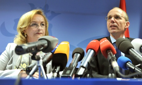 Austrian Federal Finance Minister Maria Fekter (L) takes part in a joint press conference alongside Luxembourg Finance Minister Luc Frieden, following an Economic and Fiancial Affairs meeting on May 14, 2013, at the EU Headquarters in Brussels.