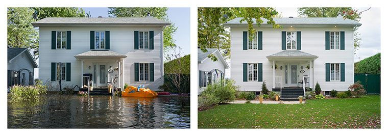 Big Pic - Canada Floods: diptych of two houses before and after floods 
