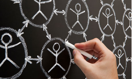 Hand showing social networking concept made with white chalk on a blackboard