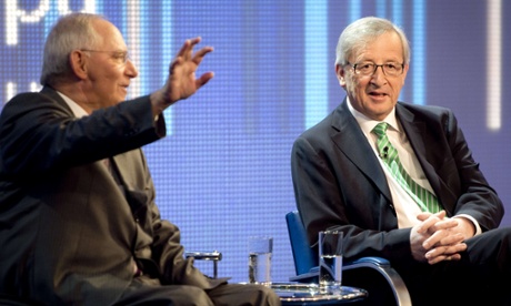 German finance minister Wolfgang Schaeuble (on the left) and prime minister of Luxemburg Jean-Claude Juncker (R) take part in a panel discussion during the Europe forum in Berlin.