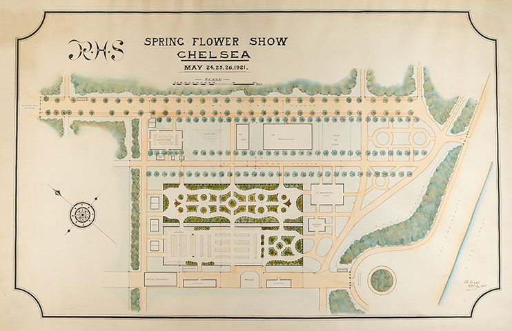 Chelsea Flower centenary : Plan of The 1921 RHS Spring Flower Show at Chelsea showing marquee layouts.