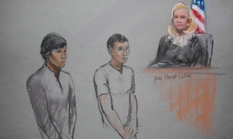 Dias Kadyrbayev, left, and Azamat Tazhayakov are pictured in a courtroom sketch, appearing in front of magistrate judge Marianne Bowler at the federal courthouse in Boston.