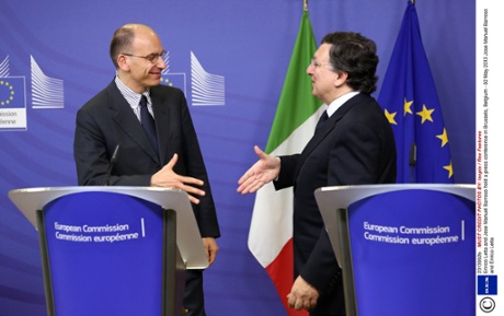 Enrico Letta and Jose Manuel Barroso hold a press conference in Brussels, Belgium.