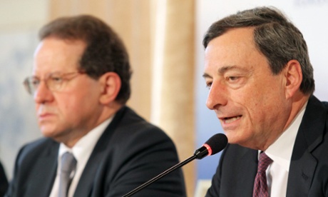 President of the European Central Bank Mario Draghi (R) speaks while Vice President of the ECB Vitor Connstancio (L) looks on during a press conference after the Meeting of the Governing Council of the European Central Bank, in Bratislava, Slovakia, 02 May 2013.