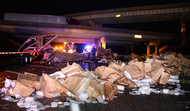 Tornado in USA: A destroyed truck which was blown off the 40 freeway