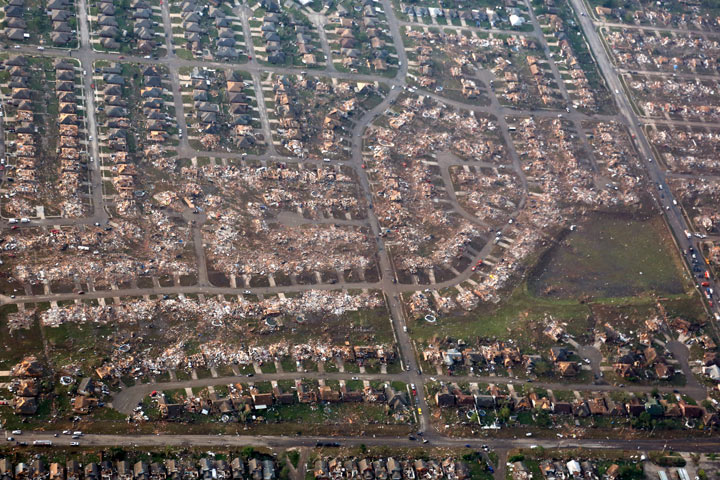 An aerial view of houses destroyed in the path of the tornado