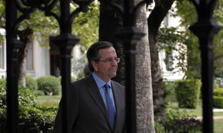 Greek prime minister Antonis Samaras after his meeting with Greek president Karolos Papoulias. Photograph: AP Photo/Petros Giannakouris