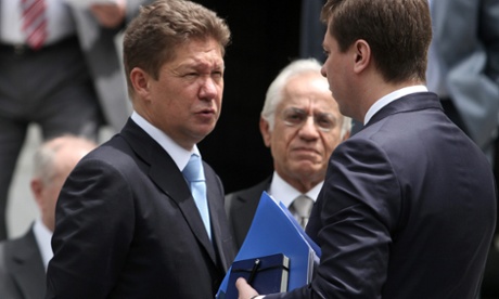 Chief executive of Russian energy company Gazprom, Alexey Miller (L), leaves the Maximos mansion after a meeting with Greek prime minister Antonis Samaras. Photograph: EPA/Alexandros Vlachos