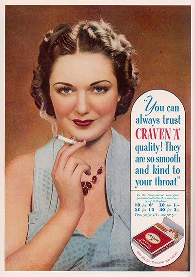Tobacco advertising: A 1938 advert for Craven 'A' Cigarettes 