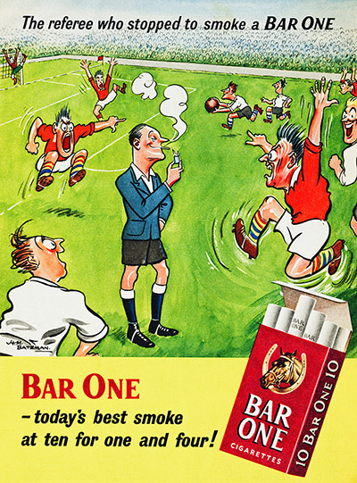 Tobacco advertising: An advert published in a British magazine circa 1952 for Bar One cigarettes