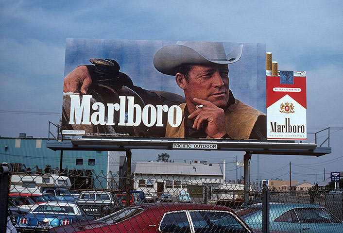 Tobacco advertising: A Marlboro Cigarettes billboard featuring the iconic cowboy, in Los Angeles