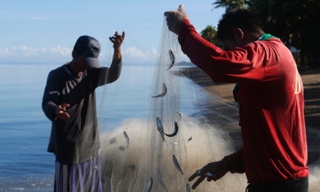 Fishermen collect their catch after fishing in Ulong Bay on Marinduque island in central Philippines.