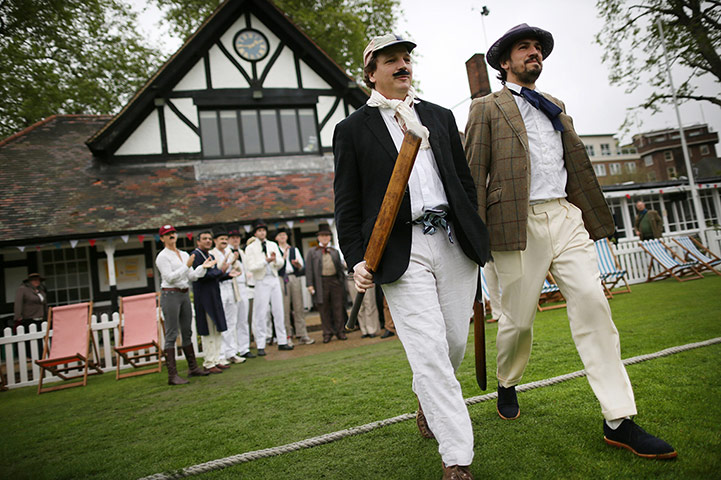 Victorian cricket match: The opening batsmen to the field