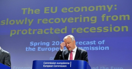 EU commissioner Economic and Monetary Affairs Olli Rehn attends a press conference on the spring European Economic Forecast on May 3, 2013 at the EU Headquarters in Brussels.
