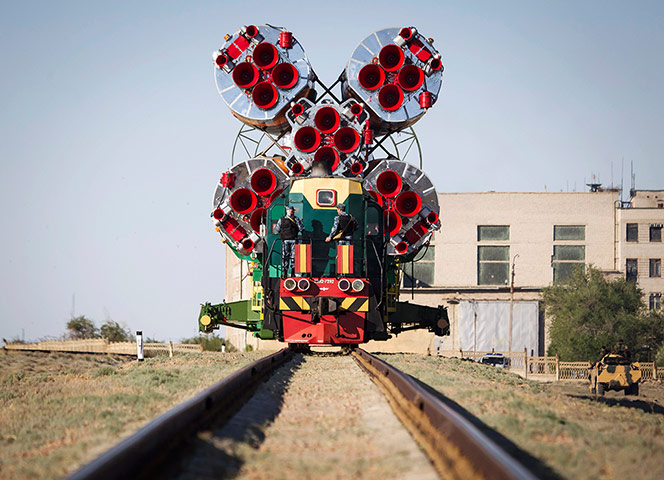 20 Photos: a Soyuz spacecraft is transported to a launch pad at the Baikonur cosmodrome, Kazakhstan