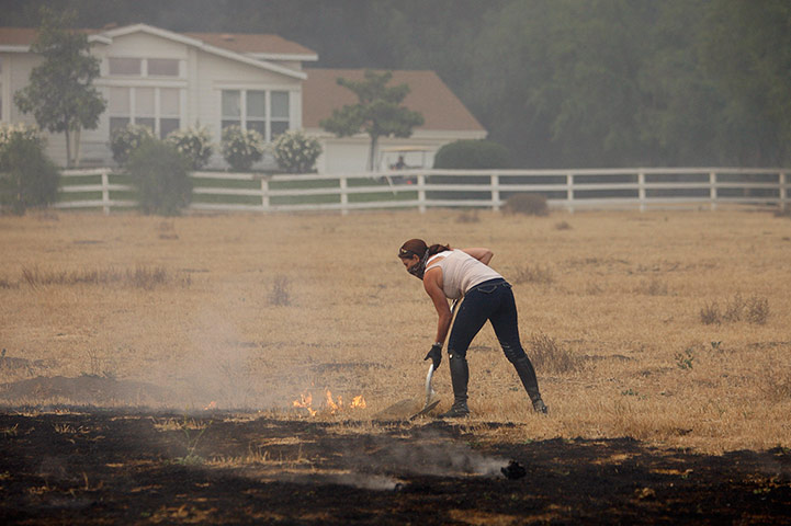 Wildfire: A woman uses a shovel to fight a spot fire