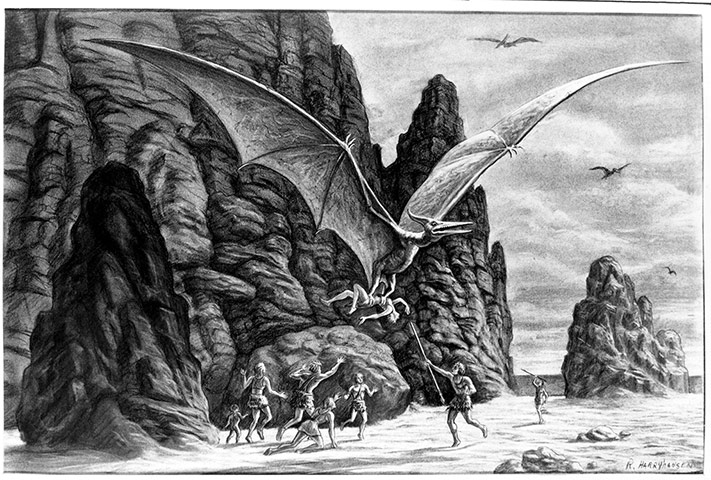 Ray Harryhausen: Ray Harryhausen storyboard illustration for One Million Years B C