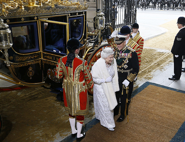 State Opening Parliament: Queen Elizabeth II and The Duke of Edinburgh laugh 