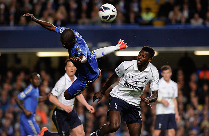 Chelsea v Spurs: Adebayor avoids a low flying Ramires