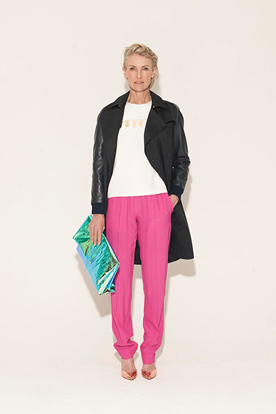 All Ages : black jacket white top pink trousers metallic clutch bag
