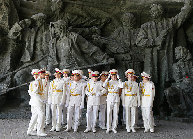 Victory day celebrations: Cadets of the Ukrainian Military academy at a memorial to World War II vete