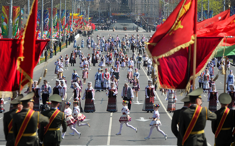 Victory day celebrations: Wearing traditional Belarus costumes youth take part in Victory Day celebra