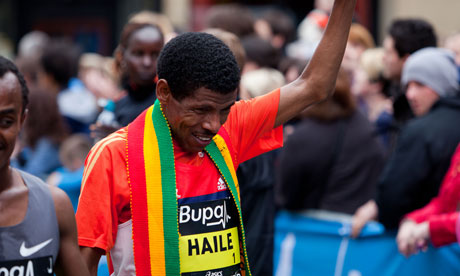 Haile Gebrselassie after winning the Bupa Great Manchester Run in 2012