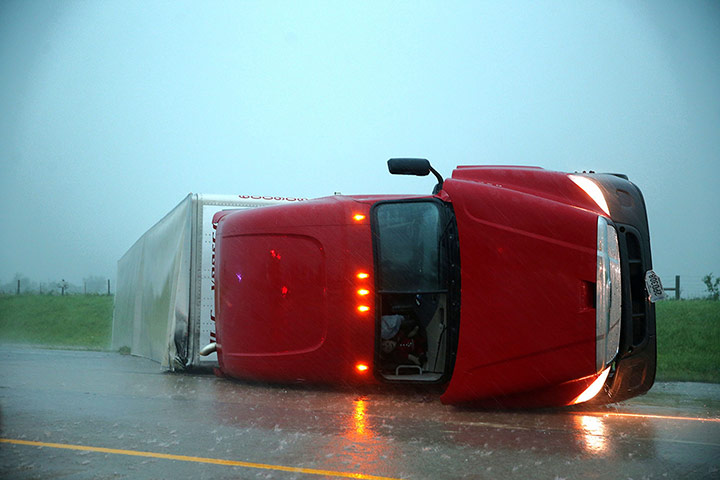 Oklahoma: An overturned semitrailer on Interstate 40, just east of El Reno