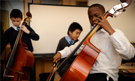 Pupils playing instruments in a music education lesson