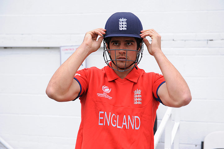 Champions Trophy: Alistair Cook adjusts his helmet 