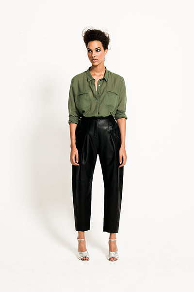 All Ages Khaki: khaki shirt long sleeves leather black trousers