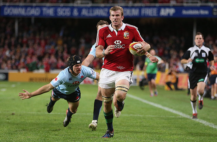Lions Tour Match: Tom Croft of the Lions breaks clear to score a try 