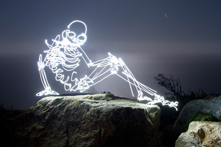 Light paintings: A seated skeleton created using a 178 second exposure