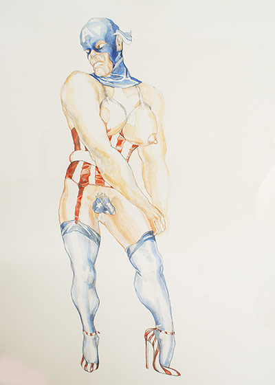 Keep your timber limber: Margaret Harrison, Captain America (1971/1997). Watercolor and graphite on 