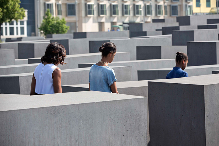 Malia and Sasha Obama: Michelle Obama, Malia and Sasha walk through the Holocaust Memorial in Berl
