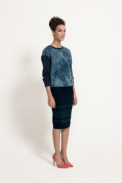 All Ages : patterned sweater navy sleeves skirt